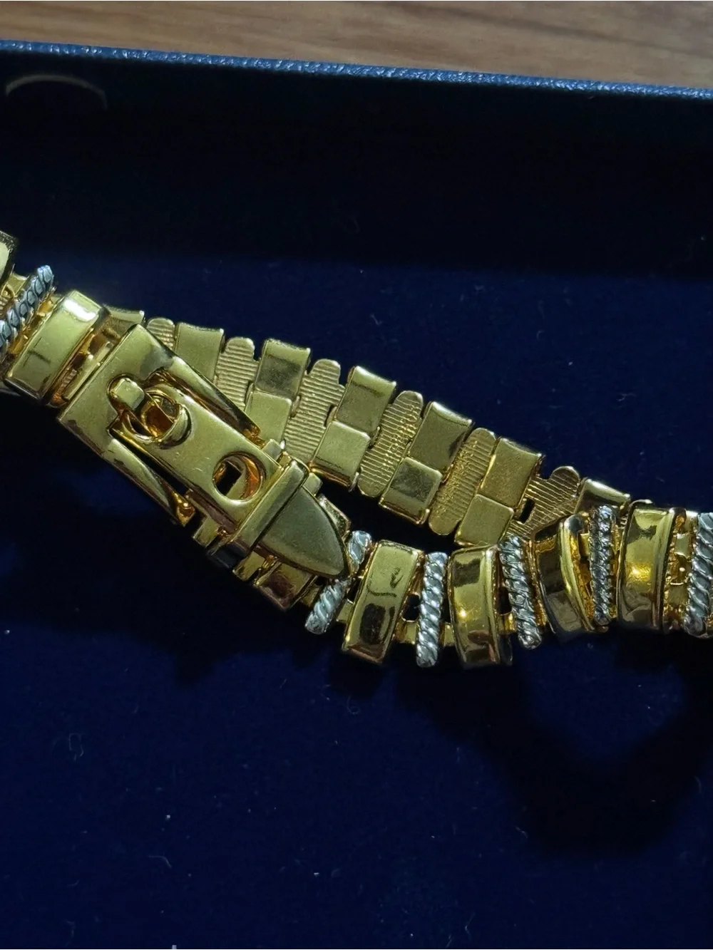 NIB Vintage Art Deco Gold Silver Two-Tone Metal Buckle Roped Bar Link Bracelet